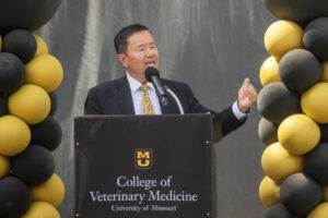 UM System President Mun Choi addresses the group gathered to witness the groundbreaking for the Veterinary Medical Diagnostic Laboratory.