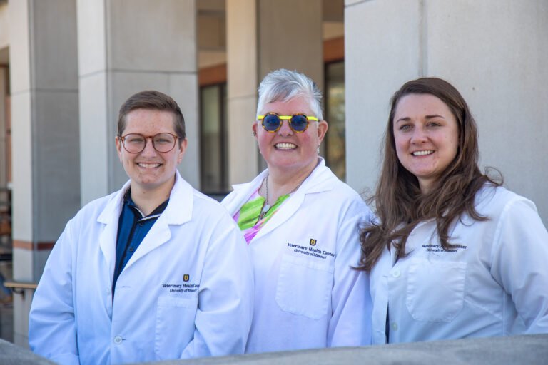 CVM Professor Elizabeth Giuliano (center), the recipient of the 2023 Jordan Hoyt Memorial Tribute to Women Award, is pictured with her nominators, veterinary student Milan Piva (left ) and Assistant Teaching Professor Lynn Martin. 