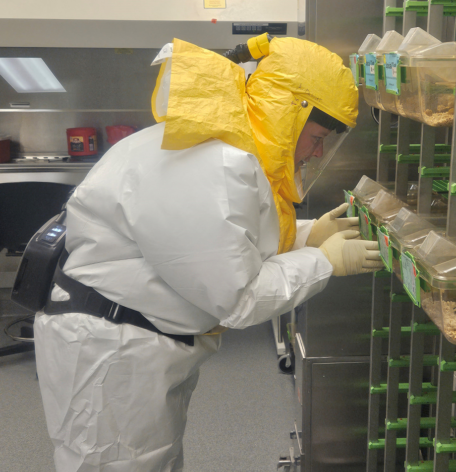 Alexandra DeWitt, senior research technician, performs a SARS-CoV-2 experiment for Alan Morrison, associate professor of medicine at Brown University. She must wear a full Tyvek suit and a powered air-purifying respirator when working with the virus. 