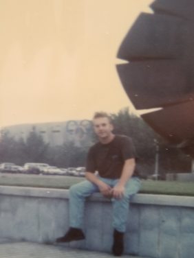 Hansen in front of an Olympic stadium in Seoul Korea.