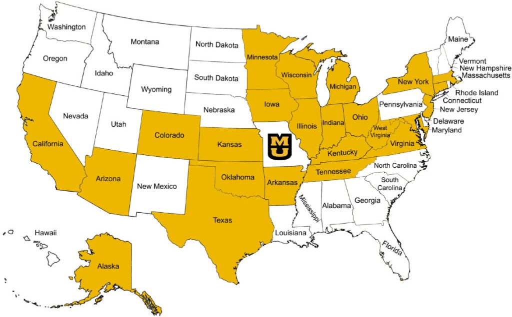 Class of 2028 Non-Missouri Students States of Residence
(Shown in yellow)