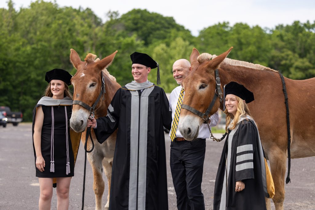 three graduates in regalia with mules boone and george