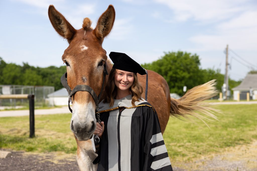 a student in regalia with a mule