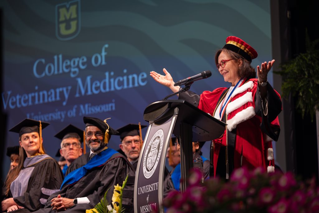 dominique griffon speaks during commencement
