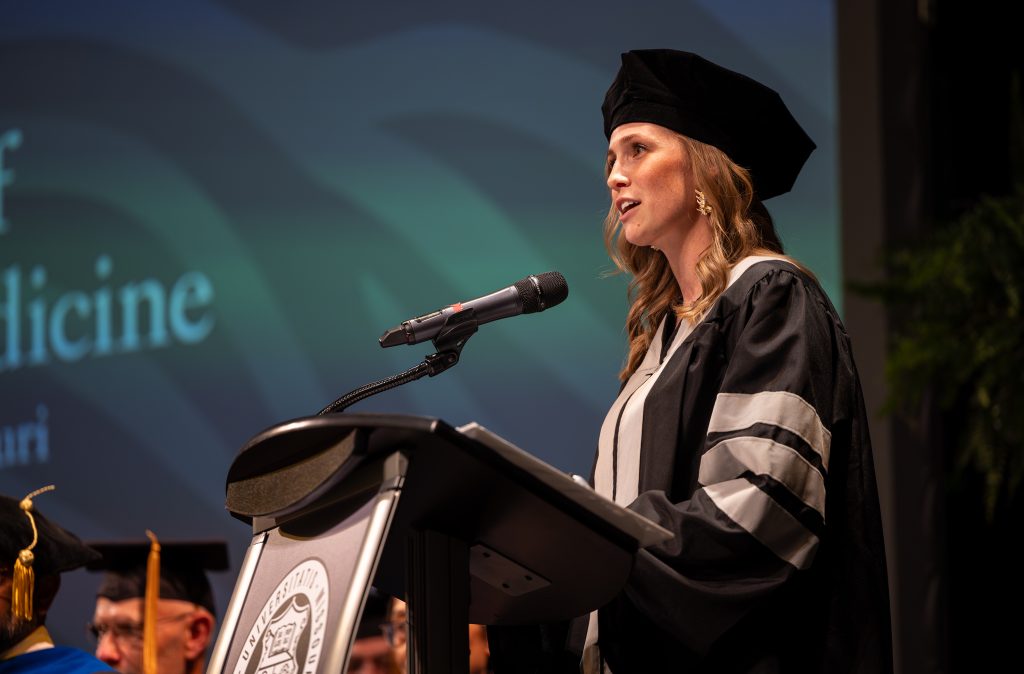 marika austad speaks during commencement
