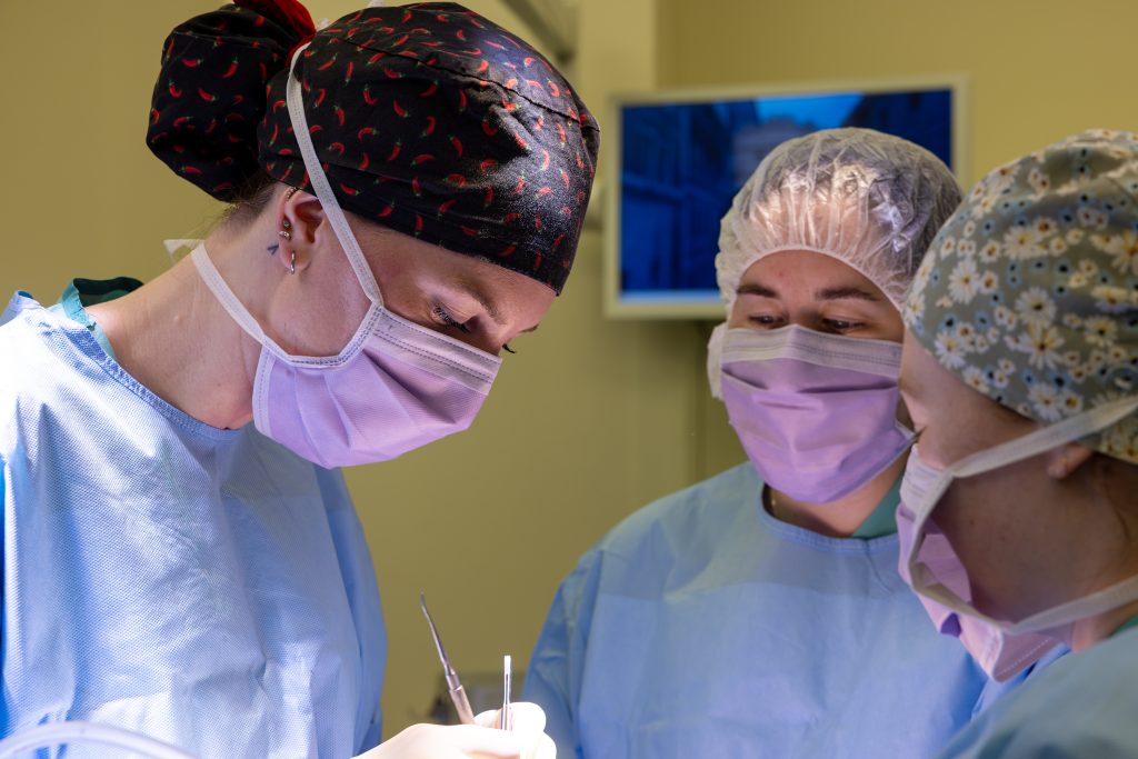 Three people wearing face masks and performing surgery.