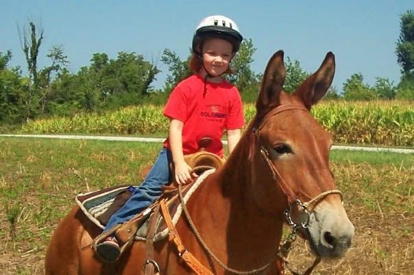 Jessi Miller riding a mule as a young child